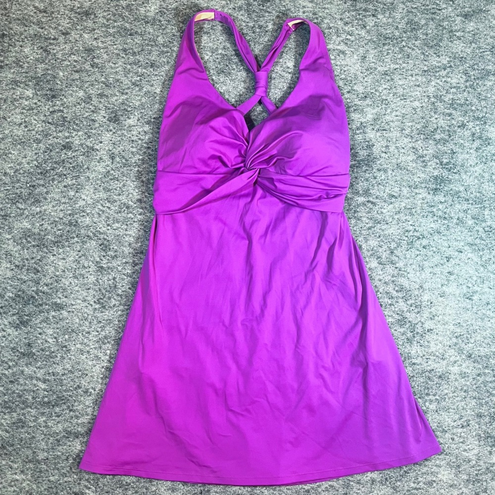 L.L. Bean Swim Dress Women Size 16 Fushia Twist Front UPF 50+ Racerback Modest